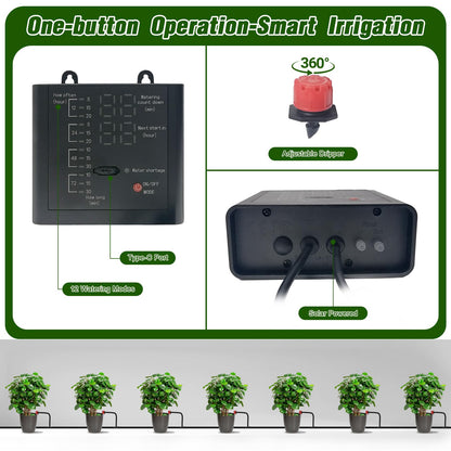 Solar Drip Irrigation System for Garden, Automatic Drip Irrigation Kit with 33FT Tubing, Solar Powered Plant Watering Device for Potted Plants, Vacation, Outdoor No Wiring Needed (10 Pots)