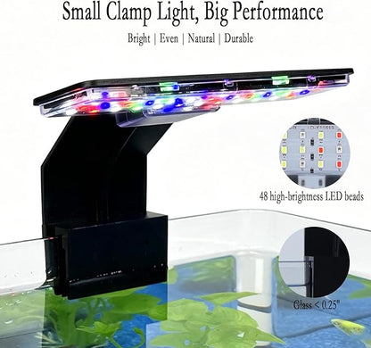 Mini Clip On Aquarium Light 7W Full Spectrum Fish Tank Light with 3 Colors & Dimmable Brightness, USB Moving Small LED Fish Lamp for 1-3 Gallon Tanks