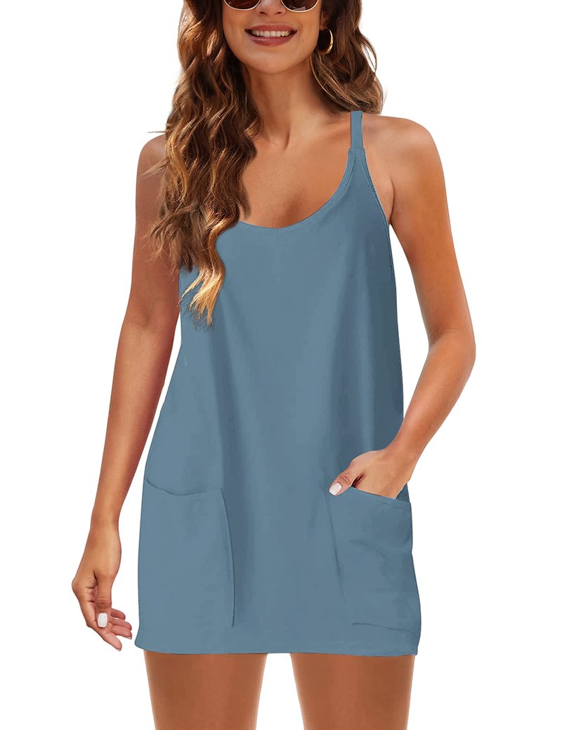 Lentta Womens Athletic Sleeveless Mini Dress with Built-in Shorts V Neck Sundress(Bluegrey-XXL)