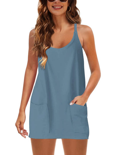 Lentta Womens Athletic Sleeveless Mini Dress with Built-in Shorts V Neck Sundress(Bluegrey-XXL)