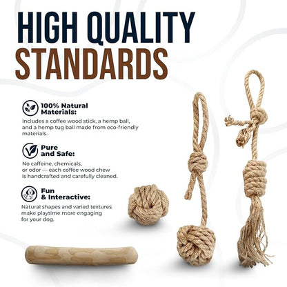 4Pcs Coffee Wood Chew Stick & Hemp Dog Ball Toy for Small & Medium Dog 25-50lbs, 100% Natural, Teething Chewing Interactive to Keep Them Busy, Wood Chew Toy for Birthday