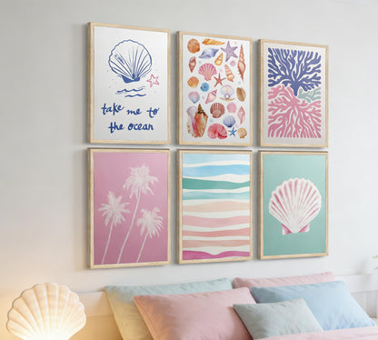 Pink and Blue Coastal Wall Art, 6 Pcs Preppy Beach Wall Decor, Unframed Canvas Posters for Bathroom Bedroom, Seashell Coral Palm Tree Ocean Prints, Neutral Boho Beach House Decor 12x16in Unframed