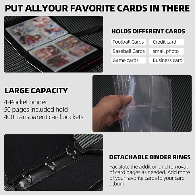 Collectible Trading Card Albums,4 Pocket Card Binder, 400 Double Sided Pocket PU Premium Zip Trading Collection Binderwith 50 Removable Sleeves, Card Folder forTCG, Sports Cards (Light Blue-06)