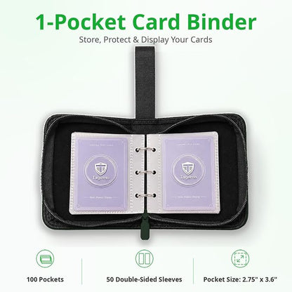 1 Pocket Card Binder with Zipper, 100 Pockets Mini Trading Card Album, Premium PU Leather Single Card Binder, Small Display Folder for TCG & Sports Cards