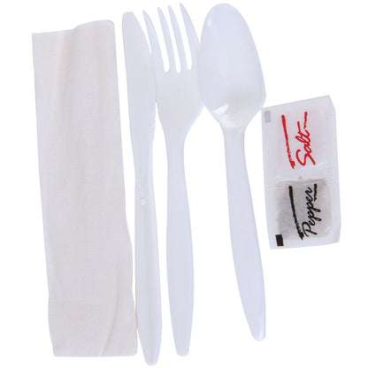 Dixie Individually Wrapped 6-Piece Medium-Weight Polypropylene Plastic Fork, Knife, Teaspoon, Napkin, Salt And Pepper Cutlery Kit by GP PRO (Georgia-Pacific), White, CMP26NSPC, (Case of 250 Kits)