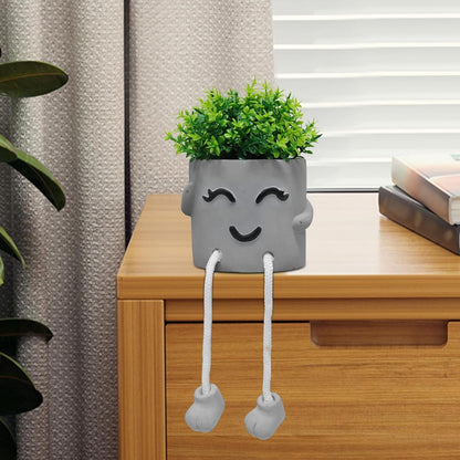 Uguisu 1 Piece Gray Cute Smiley Cement Planter, Small Plant Pot, Indoor Succulent Pot, Fun Planter with Hanging Feet for Living Room, Office, Desk and Bathroom Shelf Decor (Plants Not Included).