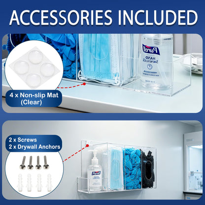 SEANADO Hand Sanitizer and Glove Holder Dispenser with Lid, Clear Acrylic 4 Compartments Hygiene Station for Disposable Face Mask, Shoe Cover, Hairnets - Wall Mount or Tabletop