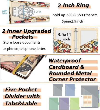 3 Ring Binder 2 Inch for 8.5"x11" Paper, Three Ring Binders with Clipboard, 5 Dividers with Tabs and Pockets, Decorative Binder with Pen Holder,Butterfly
