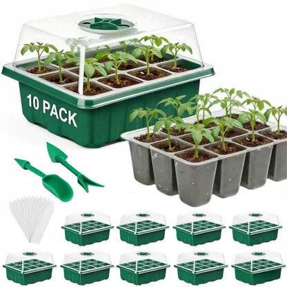 VPQZUPG 10 Pcks Seed Starter Tray 120 Cells Seed Starter Kit with Humidity Dome, Seed StartingTrays for Seed Seedling Planting Starter, Mini Greenhouse Plant Germination Trays（Green）