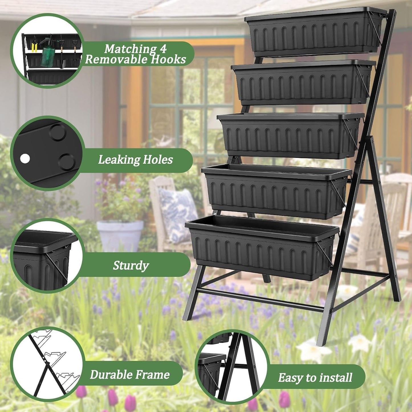 TEANDE 2 Pack Vertical Raised Garden Bed, 5-Tier Elevated Planter Box w/Drainage System & 4 Hooks for Herbs Vegetables Flowers, Vertical Garden Planter for Patio Yard Indoor Outdoor, Black