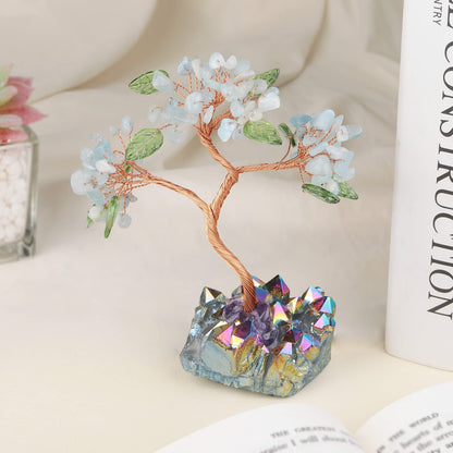 Rockcloud Crystal Money Tree with Titanium Coated Cluster Base, Raw Stone Bonsai Tree for Reiki Healing Office Home Feng Shui Decor, Blue