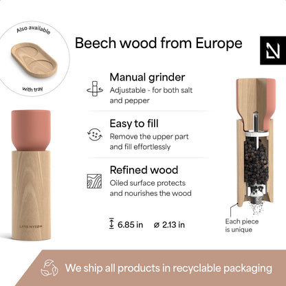 LARS NYSØM Wooden Salt and Pepper Grinder Set Manual - Salt and Pepper Mills with Adjustable Ceramic Grinder - Elegant Beechwood Pepper and Salt Mill Set for Dining Table (Brick Red)