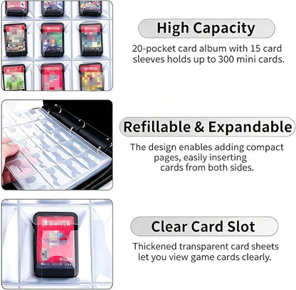 Mini Game Card Binder, 300 Slots Portable Card Holder Organizer, Water-Resistant Faux Leather Zipper Case for Game NFC Tags, SD Memory Cards, PS Vita Cartridges