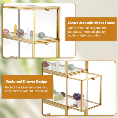JUXYES Tabletop Brass Glass Rock Display Case with 3 Drawers - Modern Clear Rocks Collections Display Case Box - Gold Dust Proof Case Small Shelf for Collectible, Mineral Crystal, Rock, Stones