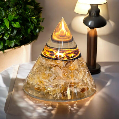Crystal Orgonite Pyramid with Citrine Crystals, Decorative Energy Stone, Clear Resin