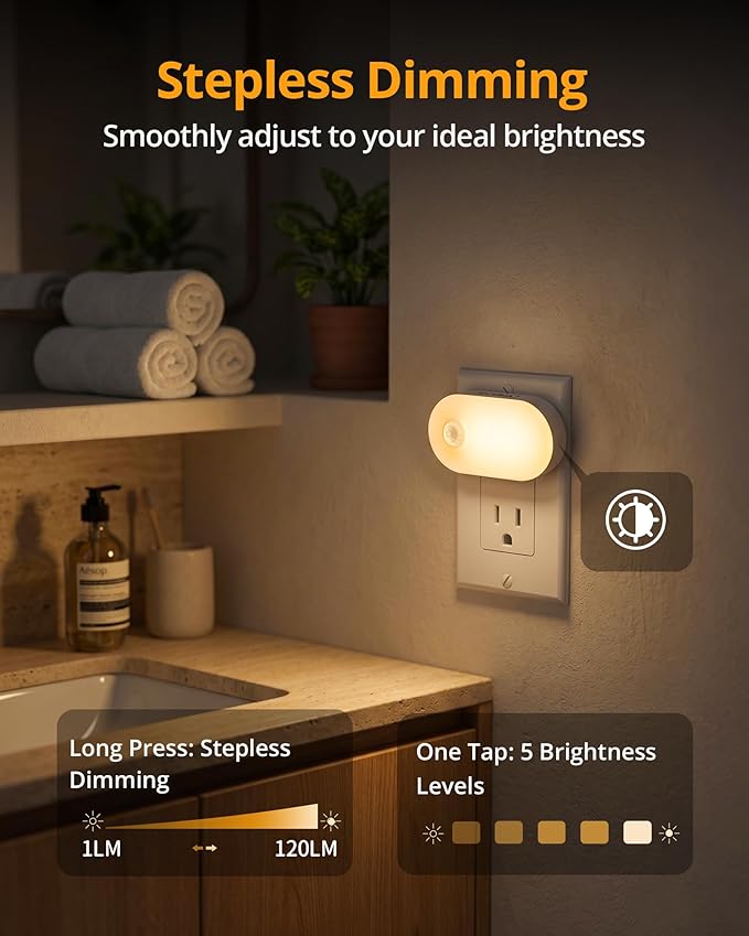 Lyridz 120LM Ultra Bright Plug-in Motion Sensor Night Light, Stepless Dimmable LED Nightlight, Always-On and Auto-Off, for Hallway, Stairs, Bathroom, Bedroom, Garage, Warm White (6-Pack)