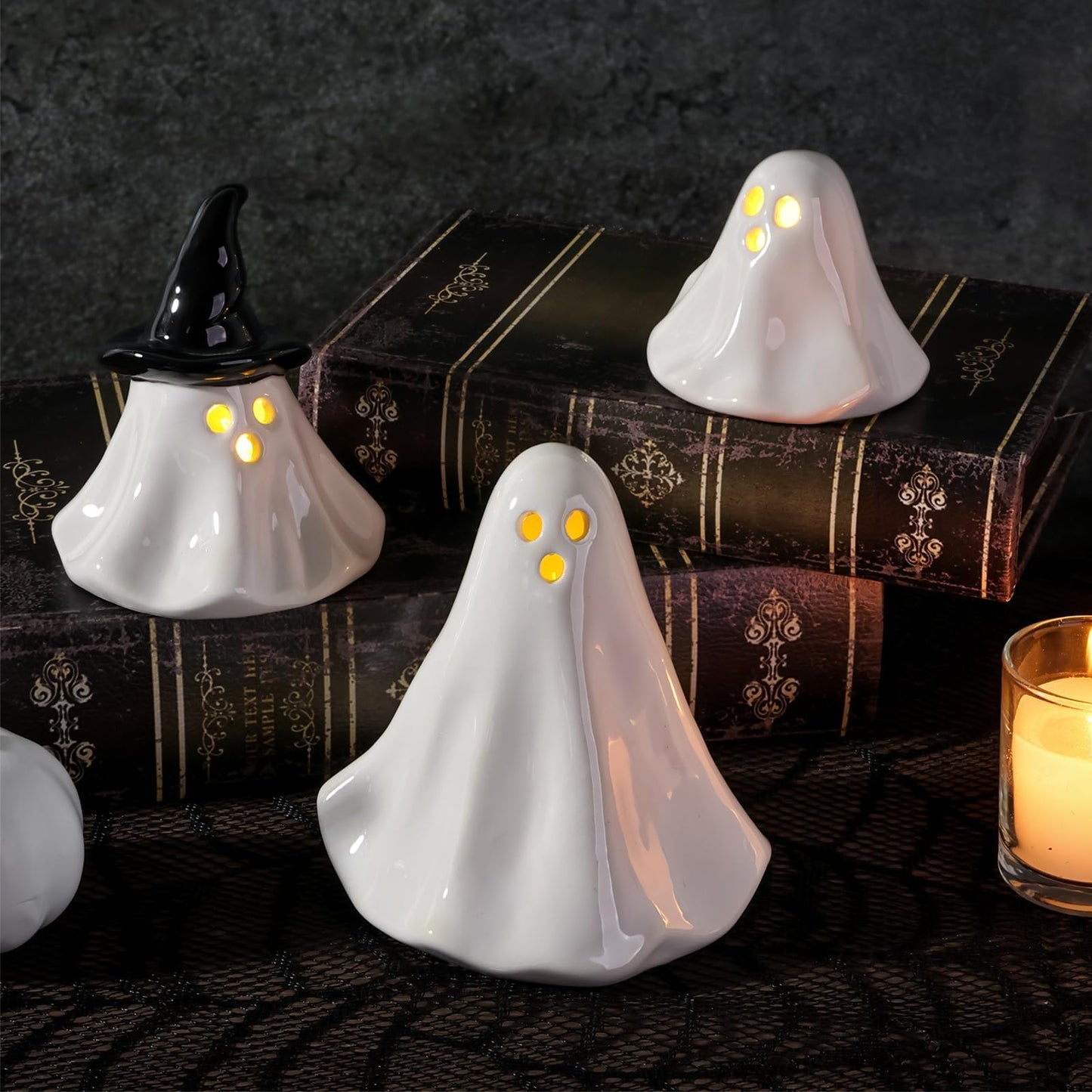 Halloween Ghost Decorations Indoor: 3ct Light Up Ceramic Ghost Decor, Cute Halloween Decor Figurines with LED Tea Lights for Table Desk Tiered Tray Mantel Home Office Home Farmhouse Girls Kids Party