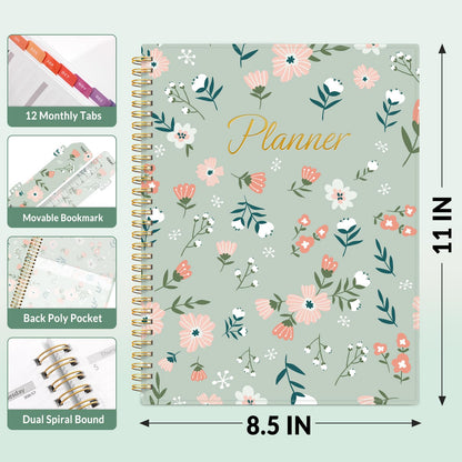 SUNEE Academic Planner 2026-2027 – Weekly & Monthly Planner, July 2026 to June 2027, 8.5"x11", Thick Paper, Tabs, Pockets, Bookmark, Spiral-Bound, Student Teacher Organizer, Green Wildflowers