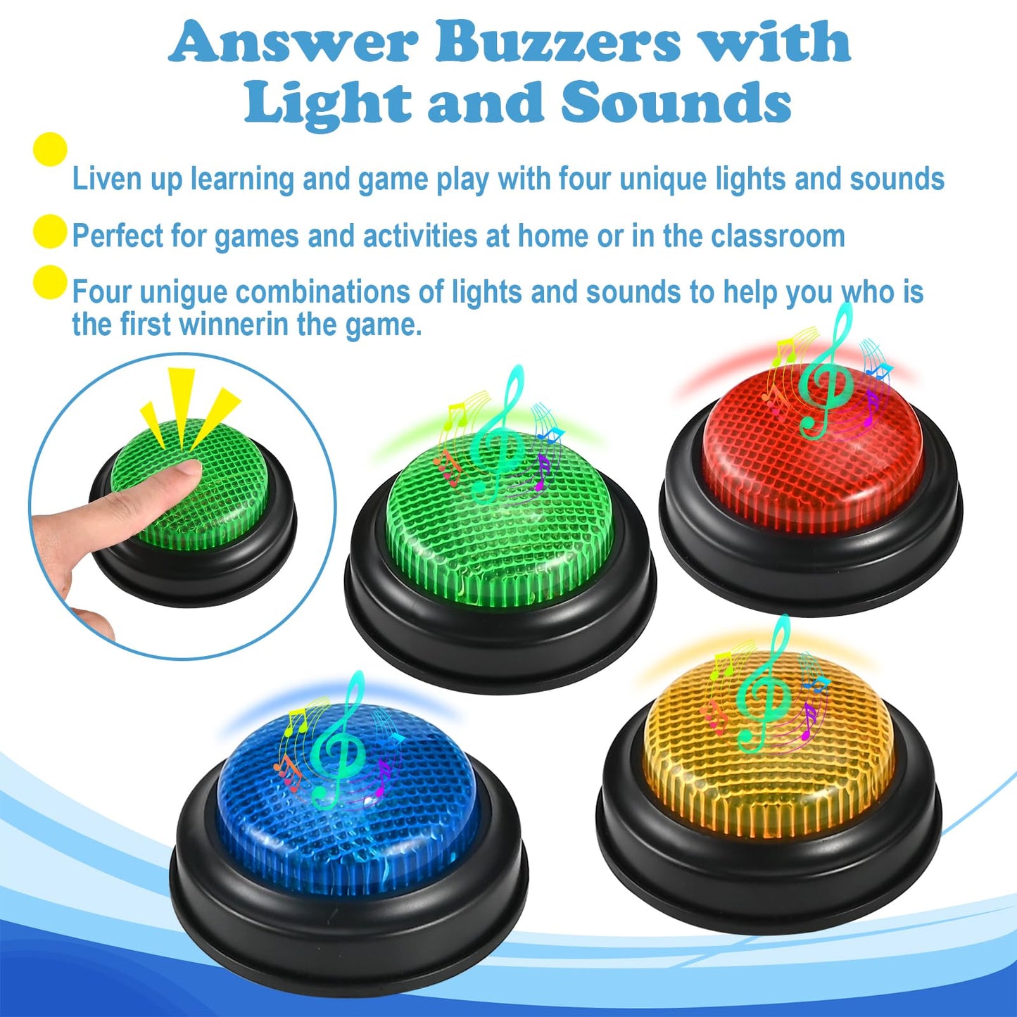 Faburo 8pcs Buzzers for Trivia Games, Game Show Buzzers Buttons with 4 Lights Color and 4 Sounds, Answer Buzzer for Jeopardy Buzzer, Family Feud Game, Classroom Must Have, Games Night