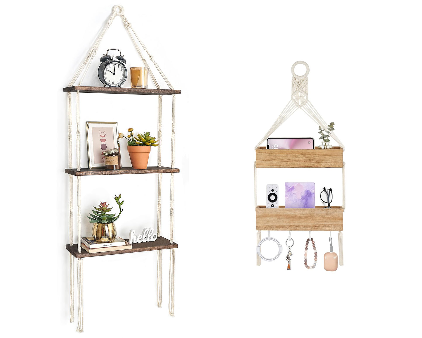 Mkono Macrame Wall Hanging Shelf Wood Floating Shelves with Cute Woven Rope Boho Room Decor Display Photos Plant Hanging Storage Shelves for Bathroom, Bedroom, Living Room, Nursery
