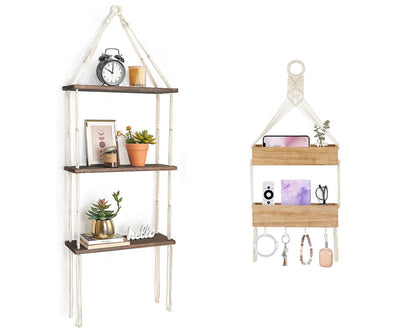 Mkono Macrame Wall Hanging Shelf Wood Floating Shelves with Cute Woven Rope Boho Room Decor Display Photos Plant Hanging Storage Shelves for Bathroom, Bedroom, Living Room, Nursery