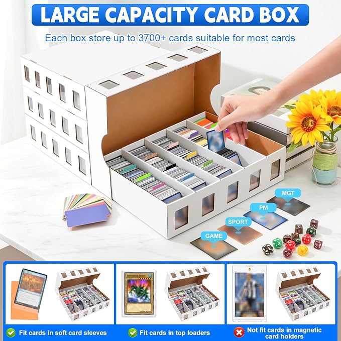 4 Pack Trading Card Storage Box, 14800+ Count Card Storage Box with 48 Card Divider White Sports Storage Card Box Organizer Bulk Card Cases Cardboard Card Box for Basketball MTG Cards Collection