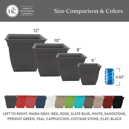 The HC Companies 12 Inch Eclipse Square Planter Pots with Drainage Holes & Attached Saucer, Lightweight UV-Resistant Plastic Indoor Outdoor Planters, 2-Pack Flower Pots for Garden & Home Decor, Clay