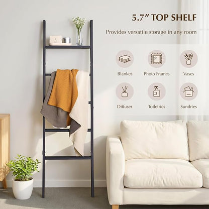 Blanket Ladder with Top Shelf, 5-Tier Wood 64” Decorative Ladder for Living Room Throws, Bedroom Quilt, Bathroom Towel & Toiletry Storage, Home Decor Stand (Black)