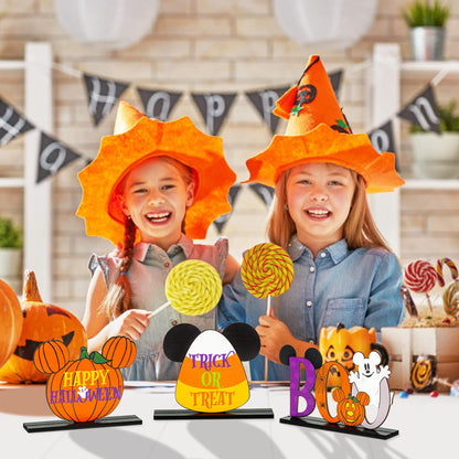 Andi Cppss 3PCS Halloween Mouse Wooden Table Centerpieces, Trick or Treat Sign Table Top Decor, Boo Sign Table Centerpiece for Halloween, Happy Halloween Mouse Pumpkin Table Topper for Party Supplies