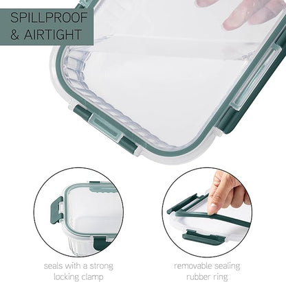 COOK WITH COLOR Premium 32-Pc. Borosilicate Glass Food Container Set with Dividers - 4 Rectangles, 8 Rounds, 4 Squares - Leakproof Lids - Meal Prep, Storage, Fluted Ombre Green