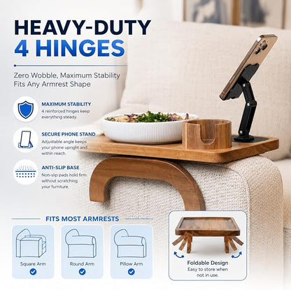 Couch Armrest Table with Cup Holder (15.31" x 9.65") - Acacia Sofa Arm Tray Organizer with Magnetic & 360° Rotating Phone Holder - Fits Couch Arm for Drinks, Snacks & Remote Control