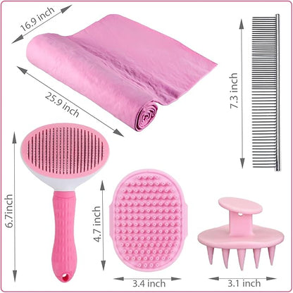 Dog Bath Brush Bathing Kit 5PCS - Pet Washing Brush, Dog Brush for Shorted Haired Dogs, Dog Scrubber for Bath, Scalp Scrubber Hair Bath Brush Set Pink