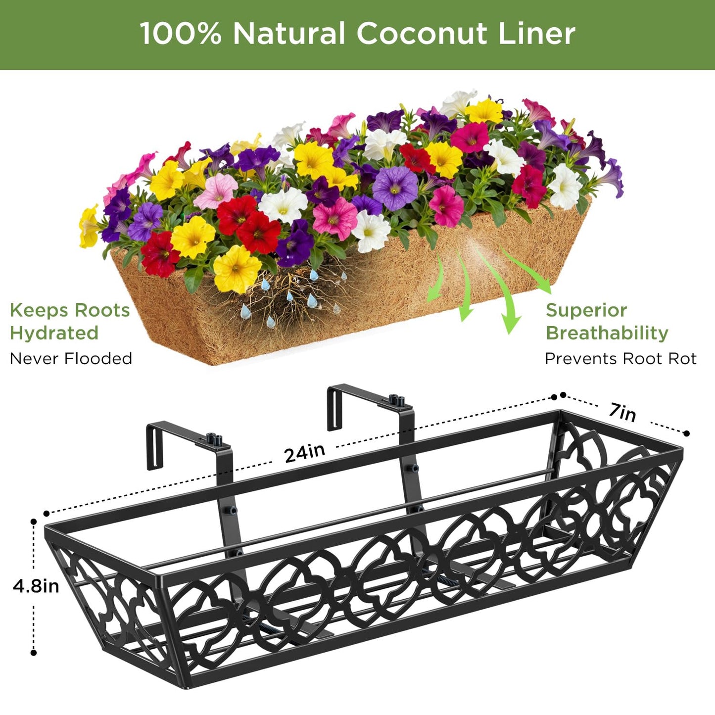 Y&M 4pcs 24 Inch Window Deck with Coconut Coir Liner, 24" Railing Planter Horse Trough Coco Basket Boxes Metal Hanging Flower Balcony for Outdoor Garden Fence Lawn
