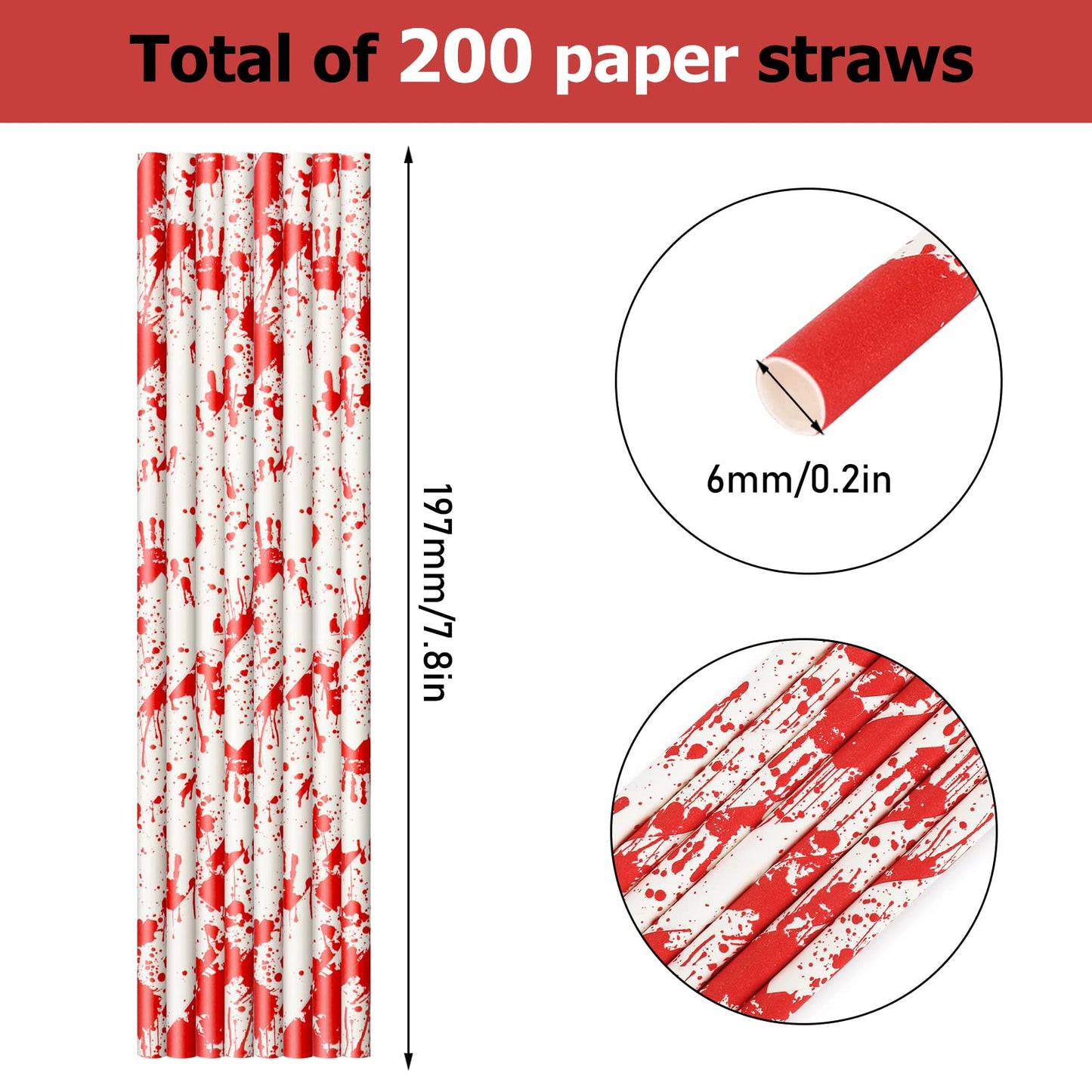 Whaline 200Pcs Halloween Paper Straws - Bloody Handprint Disposable Drinking Straws for Juices, Shakes, Cocktails - Red White Horror Theme Party Supplies Decoration