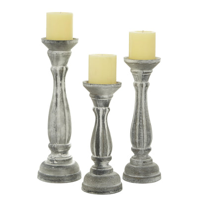 Deco 79 Wooden Decorative Candle Holder Distressed Turned Candle Stand, Set of 3 Candlestick Holder 15", 13", 11"H, Gray
