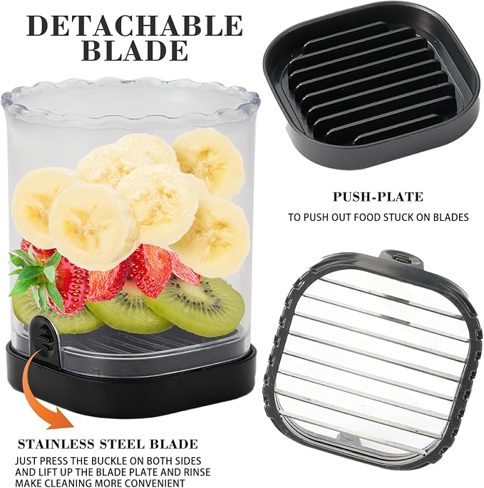 2 Pcs Fruit Slicer Cup, Strawberry Cutter Slicer Cup, Banana Egg Slicers Detachable Fruit with Push Plate, Strawberry Cutter Kitchen Gadget (Black & Red)