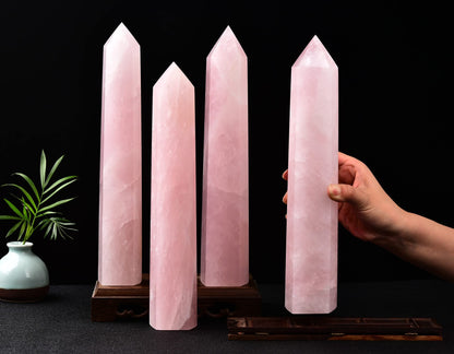AMOYSTONE Large Healing Crystal Obelisk Tower Rose Quartz Point Wand Crystal Decor Reiki Gifts for Bignners 2.6-3.0 LBS