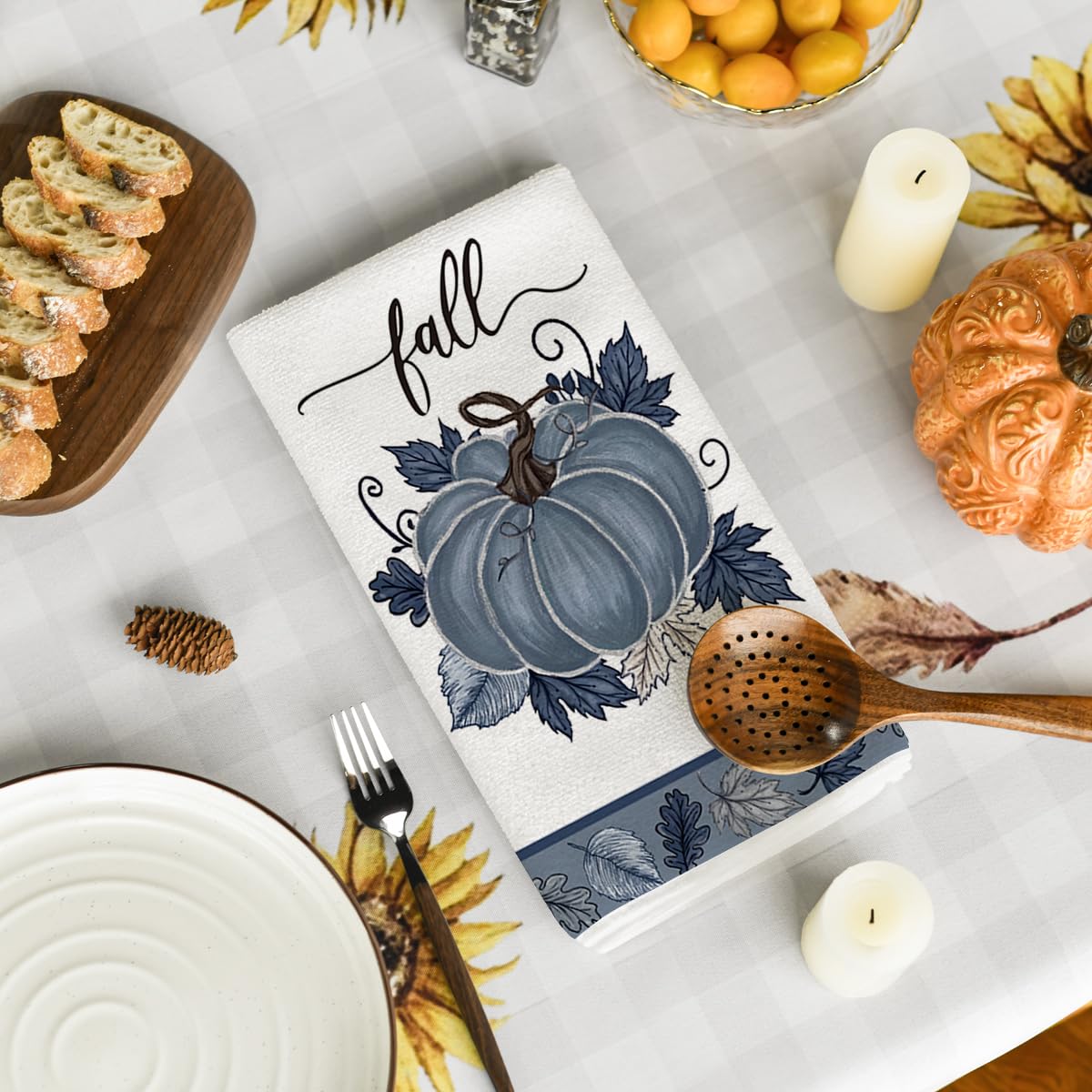 Artoid Mode Blue Leaves Pumpkin Fall Kitchen Towels Dish Towels, 18x26 Inch Farmhouse Autumn Decoration Hand Towels Set of 2