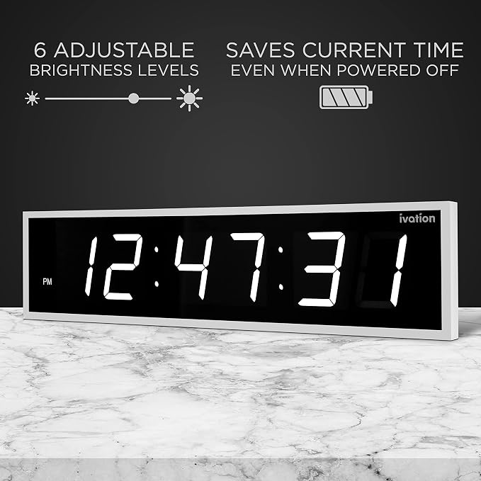 Ivation Oversized Large Digital Wall Clock - Big LED Digital Clock w/Large Display & Durable Aluminum Frame Shelf or Wall Mount (36 Inch - White) 6 Brightness Levels | Time Memory | Remote