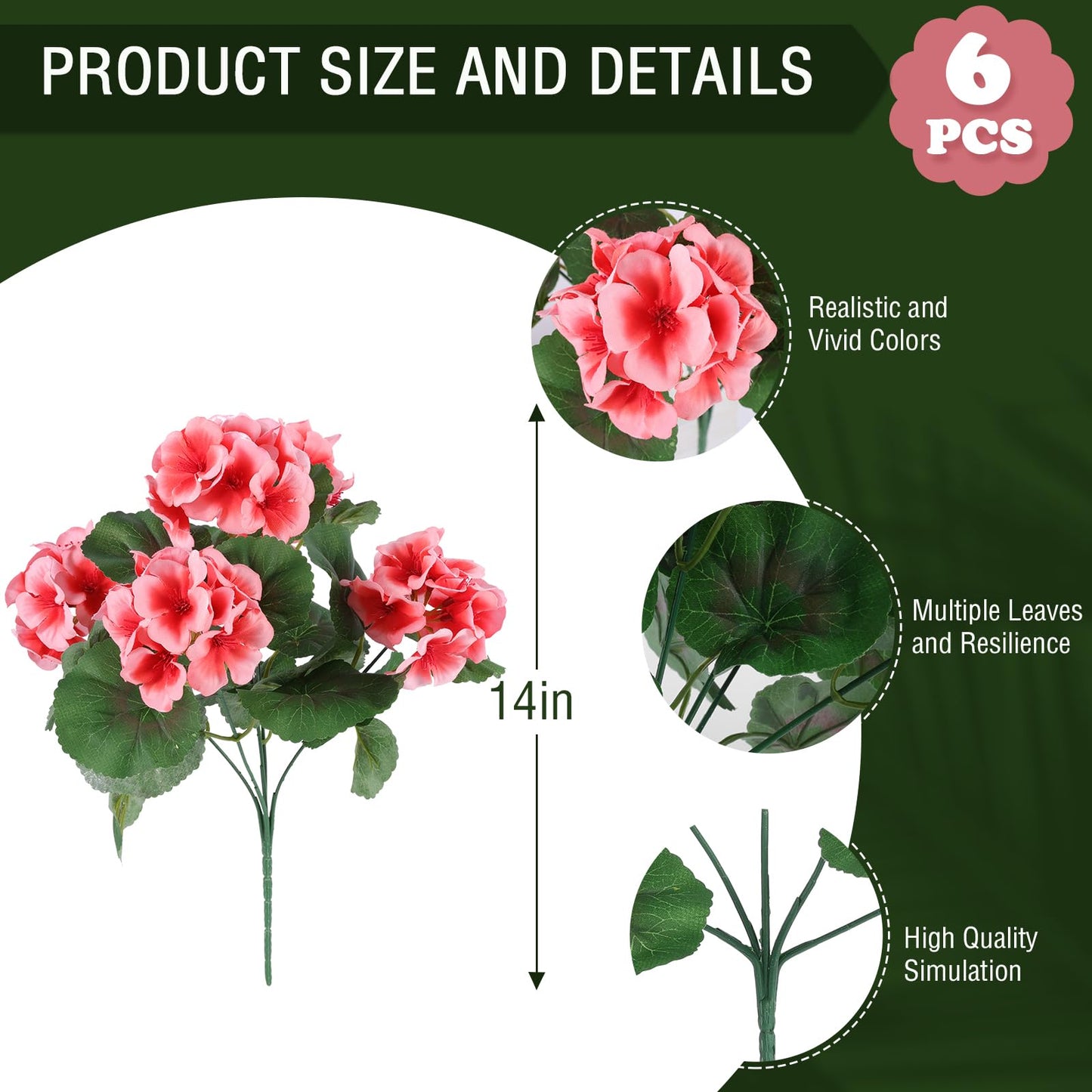 Hananona 6 Pcs Artificial Geranium Flowers for Outdoors Geraniums Silk Flowers Outdoor UV Resistant Garden Plants Faux Flowers for Home Kitchen Table Centerpieces Decor (6, Peach)