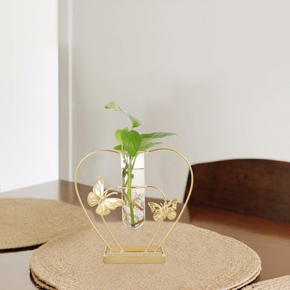 HOMSFOU Metal Framed Hydroponic Flower Vase Butterfly Pattern, Heart-Shaped Glass Plant Terrarium, Creative Home Décor for Living Room and Wedding Centerpieces
