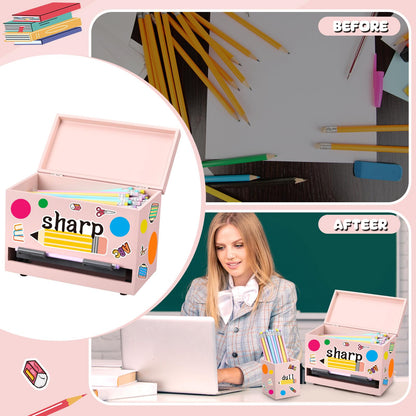 Watersay 108 Pcs Pencil Dispenser Kit for Classroom Wooden Sharp and Dull Pencil Holder 50 Pencils 50 Sharpener 6 Sticker Classroom Teacher Must Have Straw Dispenser for Back to School(Light Pink)