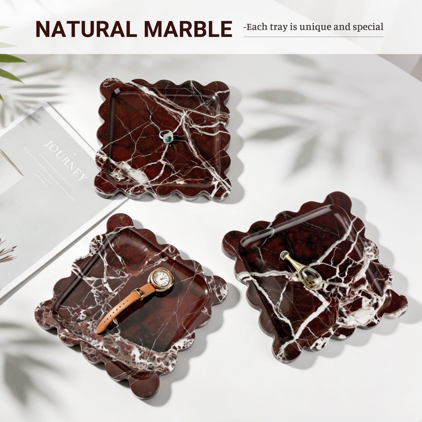 Karibiber Natural Marble Tray, 8in Red Small Scalloped Tray, Decorative Trinket Dish, Premium Square Bathroom Vanity Tray for Earrings Rings Necklaces, Unique Stone Jewelry Dish Gift