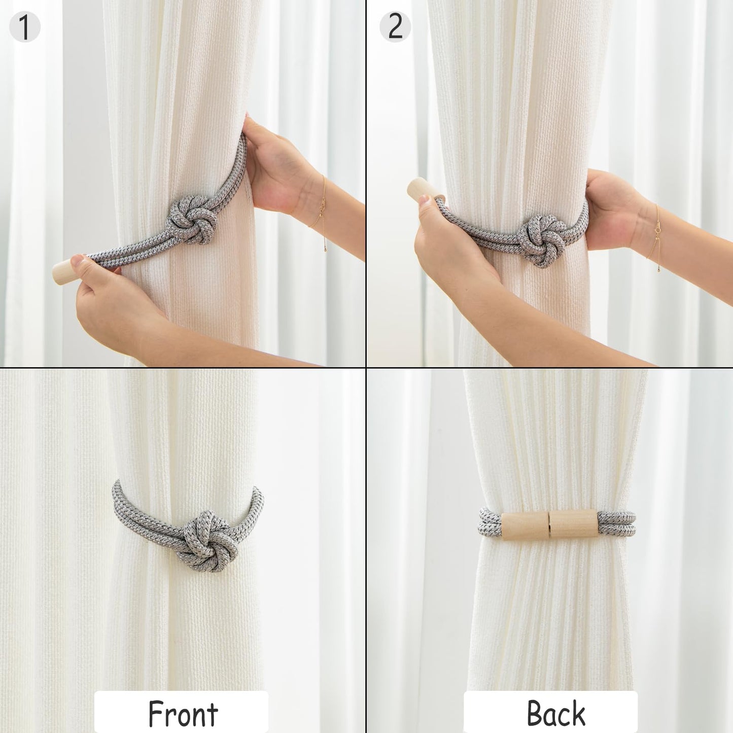 Contoeey Magnetic Curtain Tiebacks Holdbacks - Wood Tie Backs Rope Holder with Floral Knot Design for No Drill Easy Install, Modern Boho Home Decor (4Pack, Beige+Black)