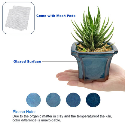 Bonsai Planter Succulent 4" Small Glazed Pots, Value Set of 2 + 4 Soft Mesh Drainage Screens