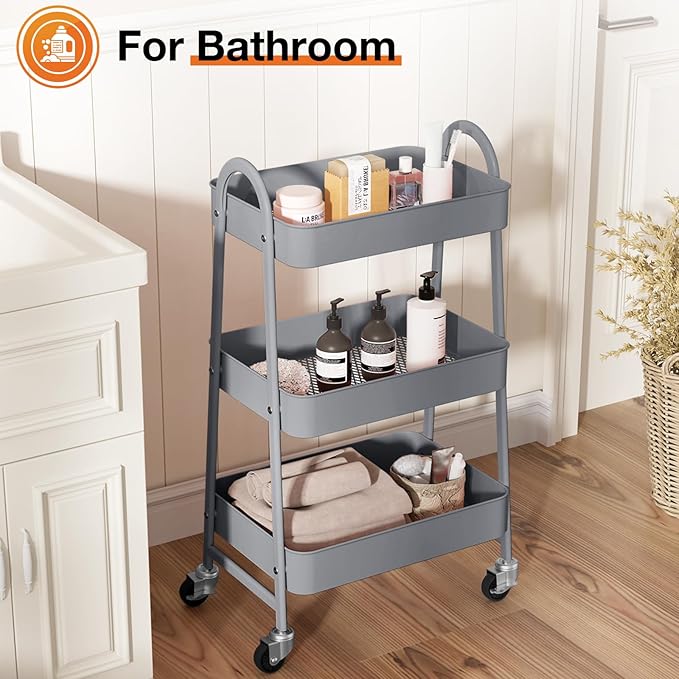 NEWBULIG 3-Tier Metal Rolling Cart with Lockable Wheels, Heavy Duty Mobile Utility Storage Shelf, Roller Book Snack Cart, Organization for Livingroom, Bathroom, Office, Grey
