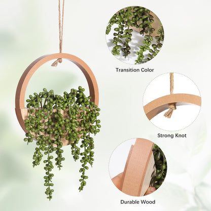 JUSTOYOU 2pcs Fake Hanging Plants Artificial Succulents Wooden Hanging Planter Artificial String of Pearls with Pot and Lanyard for Living Room Bathroom Indoor Outdoor Boho Wall Decor