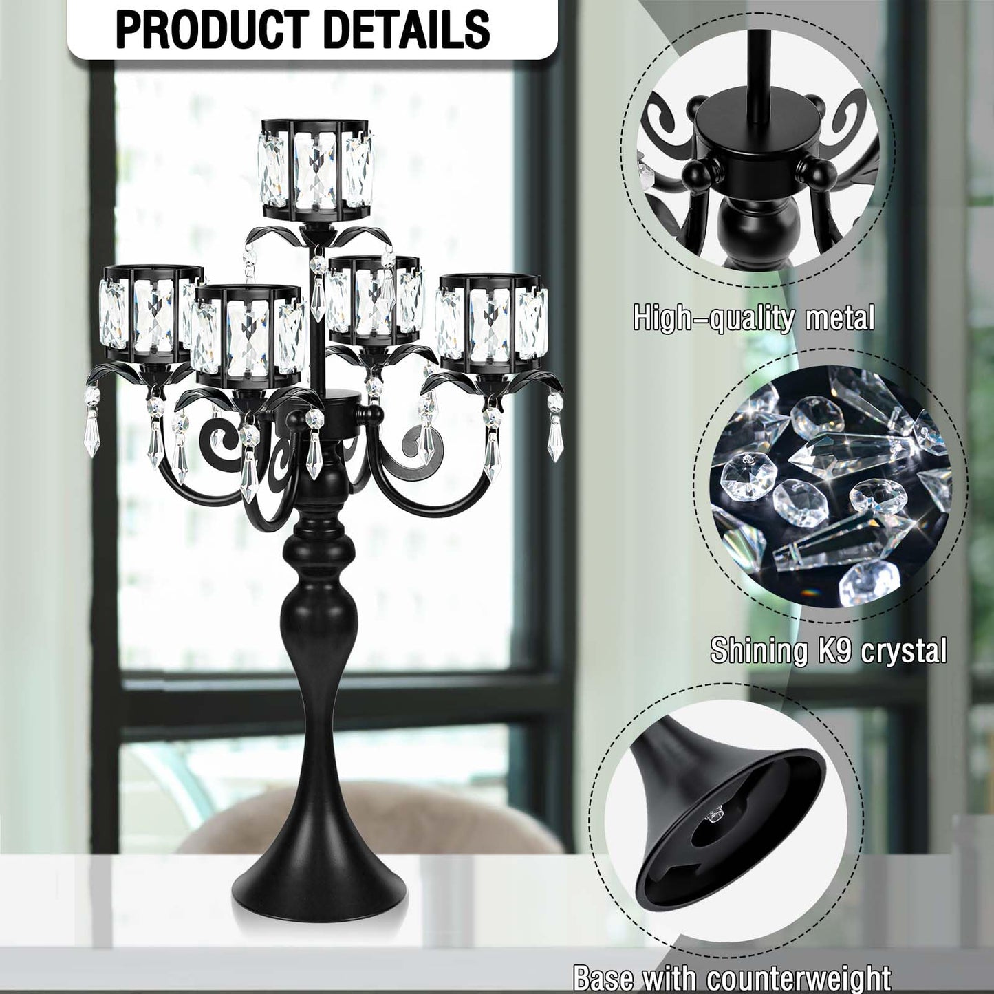 kolnlala 1PC Black 5-Arm Crystal Pendant Metal Candle Holder with Square Crystal Bowl, 22-Inch Tall Wedding Table Centerpiece for Holiday Party Events, Christmas, Birthday Decorations