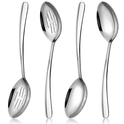 10.3-in Large Serving Spoons Set, 18/0 Stainless Steel, Heavy Duty, 2 Serving & 2 Slotted for Wedding Party Buffet Housewarming, Pack of 4