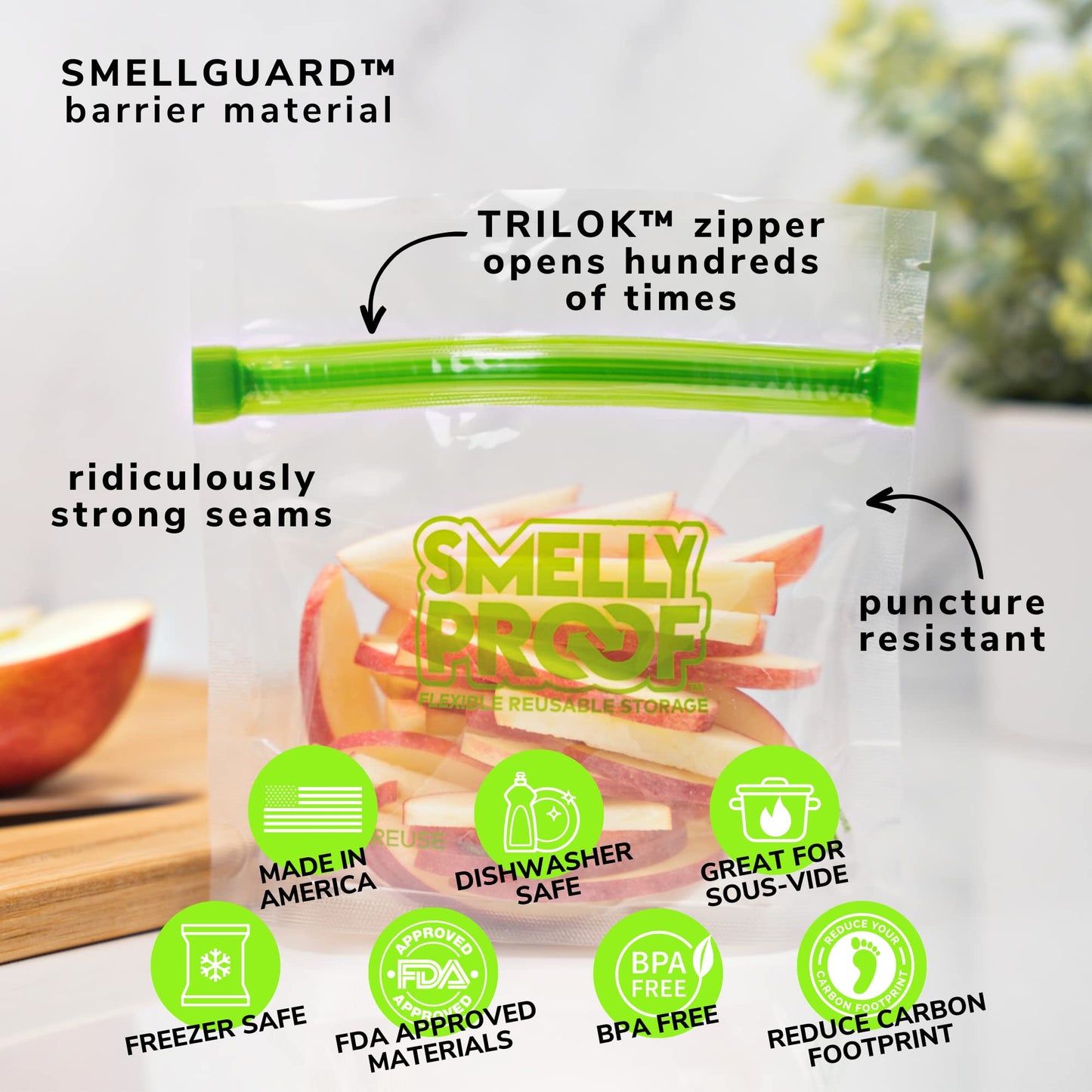 Smelly Proof 10 x Expandable Stand-Up & Fill REUSABLE Storage Bags for Food Designed & Mfg in US, NO PEVA, BPA FREE, Reusable Snack Bags, Dishwasher-Safe, Clear 3 mils STAND & FILL 6" x 4" - 10pk